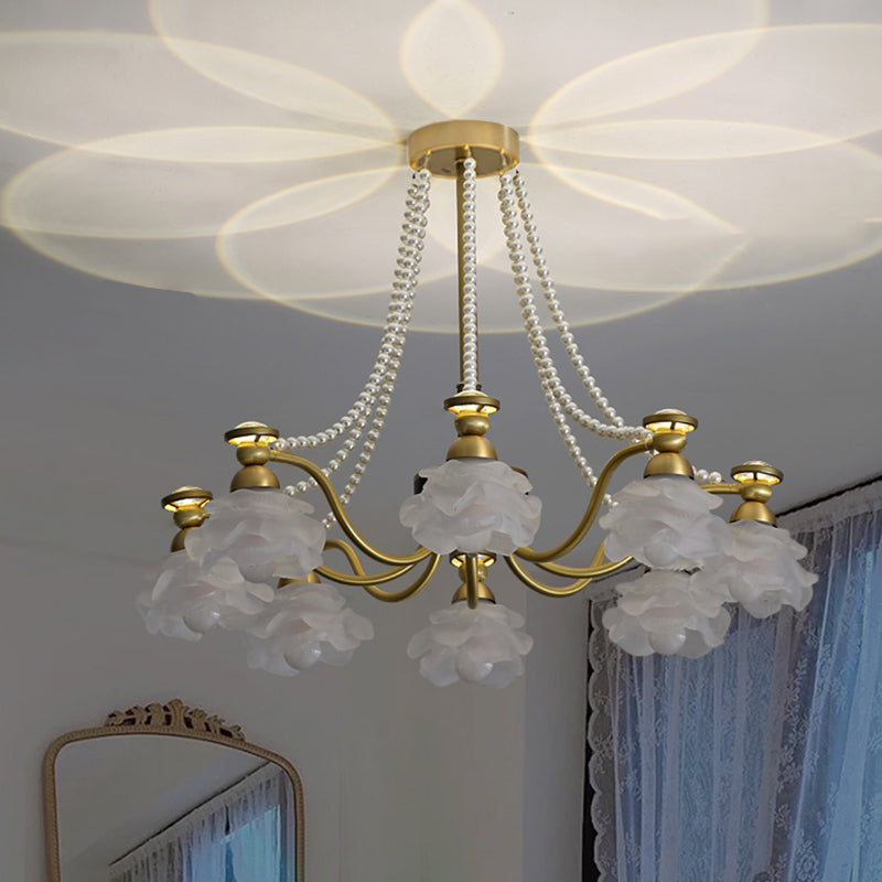 Lustre en laiton avec perles en verre et fleurs rondes de style traditionnel français à 6/8/10 lumières pour salon 