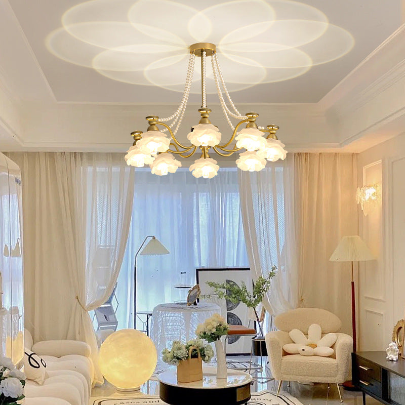 Lustre en laiton avec perles en verre et fleurs rondes de style traditionnel français à 6/8/10 lumières pour salon 
