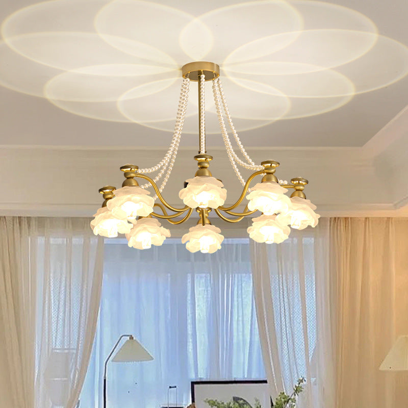 Lustre en laiton avec perles en verre et fleurs rondes de style traditionnel français à 6/8/10 lumières pour salon 
