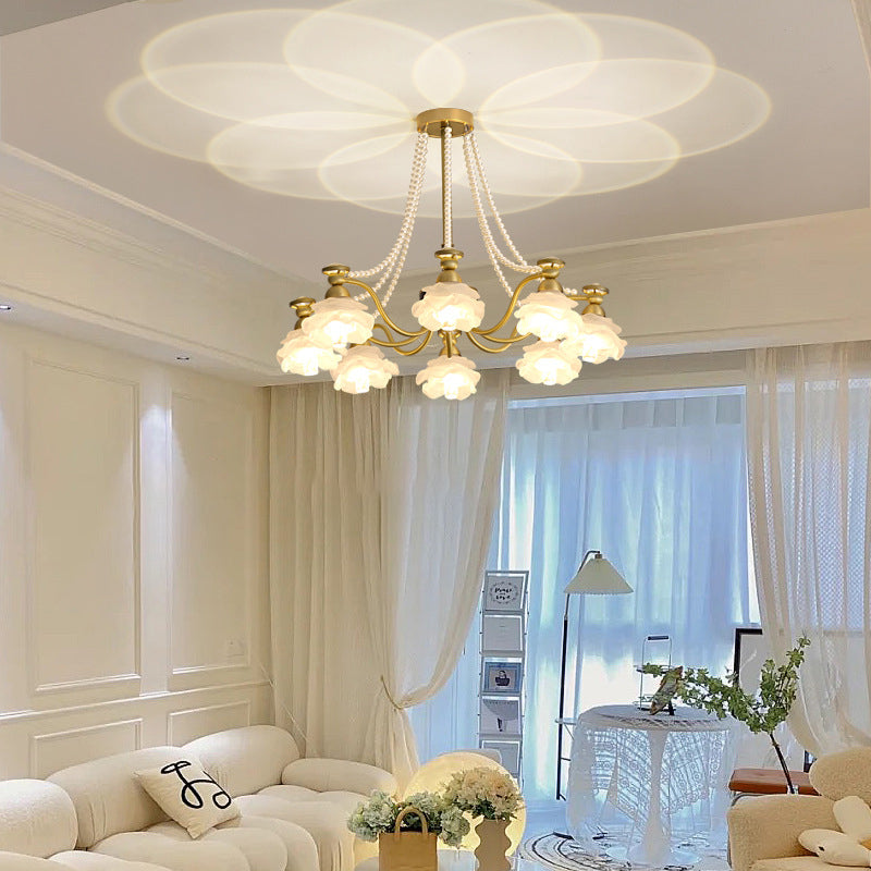 Lustre en laiton avec perles en verre et fleurs rondes de style traditionnel français à 6/8/10 lumières pour salon 