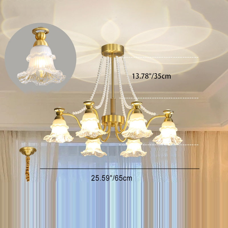 Lustre en laiton avec perles en verre et fleurs rondes de style traditionnel français à 6/8/10 lumières pour salon 