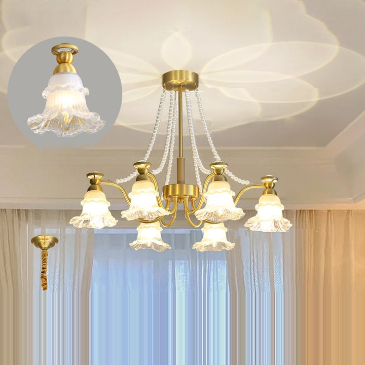 Lustre en laiton avec perles en verre et fleurs rondes de style traditionnel français à 6/8/10 lumières pour salon 