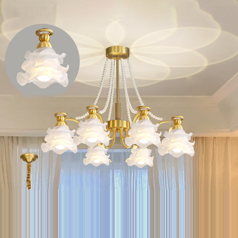 Lustre en laiton avec perles en verre et fleurs rondes de style traditionnel français à 6/8/10 lumières pour salon 