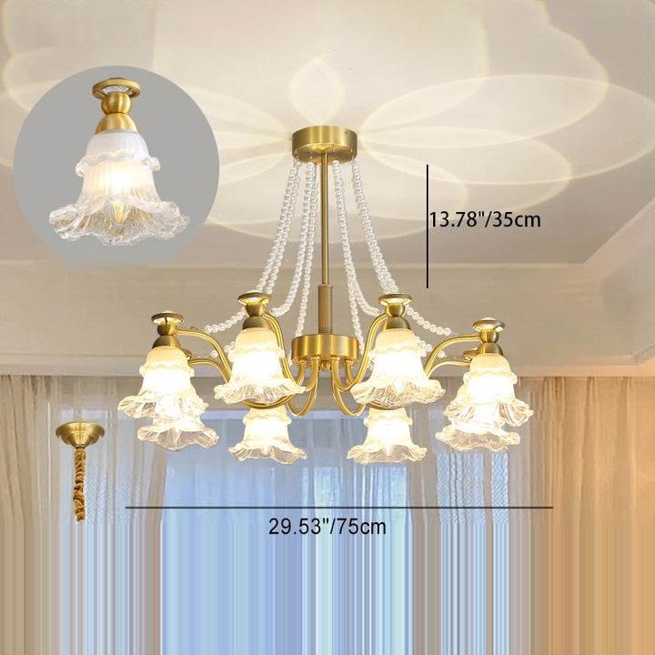 Lustre en laiton avec perles en verre et fleurs rondes de style traditionnel français à 6/8/10 lumières pour salon 