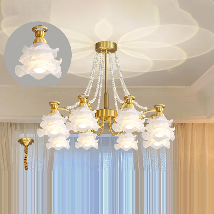 Lustre en laiton avec perles en verre et fleurs rondes de style traditionnel français à 6/8/10 lumières pour salon 