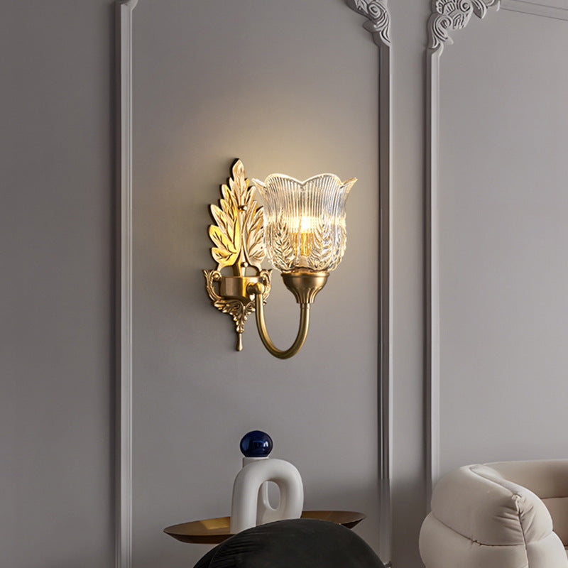Applique Murale en Laiton avec Verre à Feuilles Florales de Luxe Moderne à 1 Lumière pour Chambre 