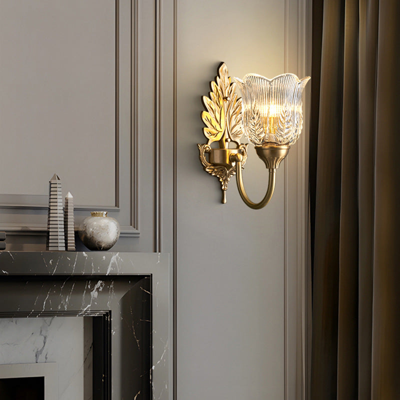 Applique Murale en Laiton avec Verre à Feuilles Florales de Luxe Moderne à 1 Lumière pour Chambre 