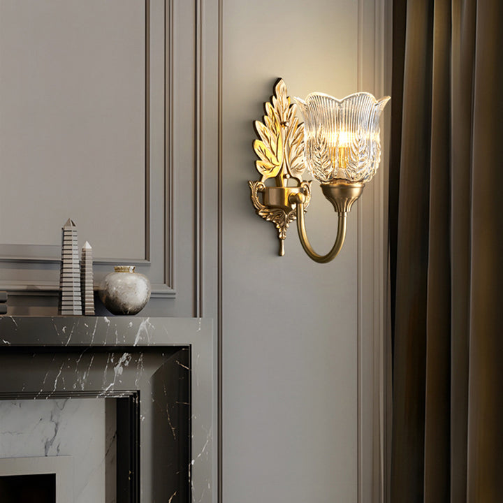 Applique Murale en Laiton avec Verre à Feuilles Florales de Luxe Moderne à 1 Lumière pour Chambre 