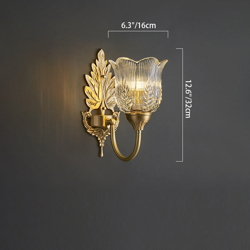 Applique Murale en Laiton avec Verre à Feuilles Florales de Luxe Moderne à 1 Lumière pour Chambre 
