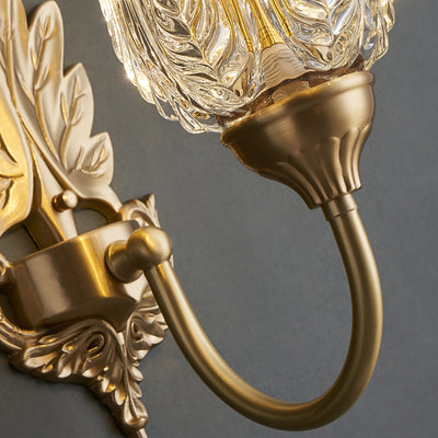 Modern Luxury Floral Leaf Glass Brass 1-Light Wall Sconce Lamp For Bedroom