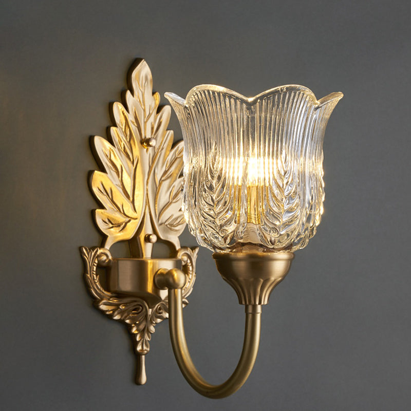 Applique Murale en Laiton avec Verre à Feuilles Florales de Luxe Moderne à 1 Lumière pour Chambre 