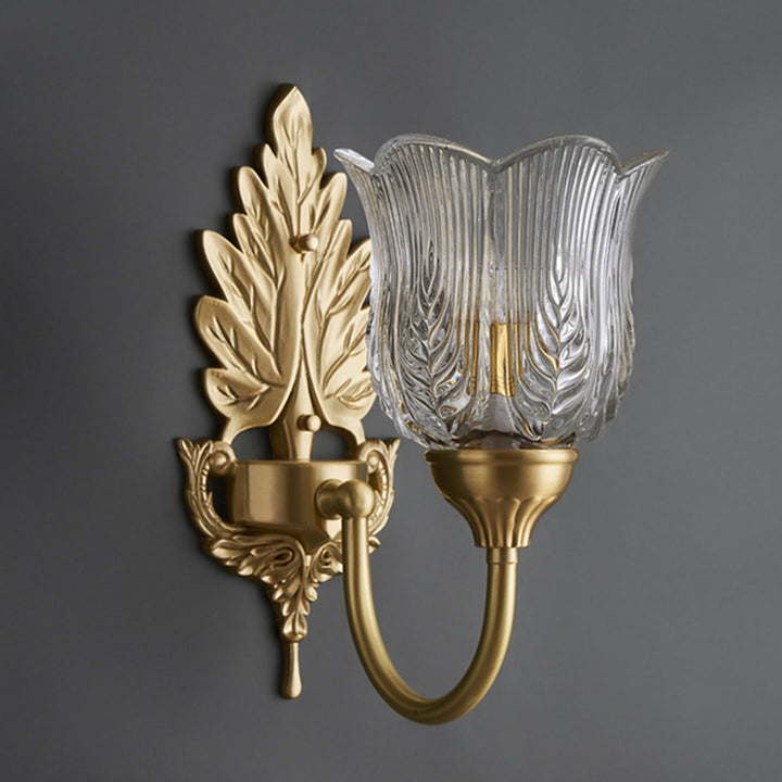 Applique Murale en Laiton avec Verre à Feuilles Florales de Luxe Moderne à 1 Lumière pour Chambre 