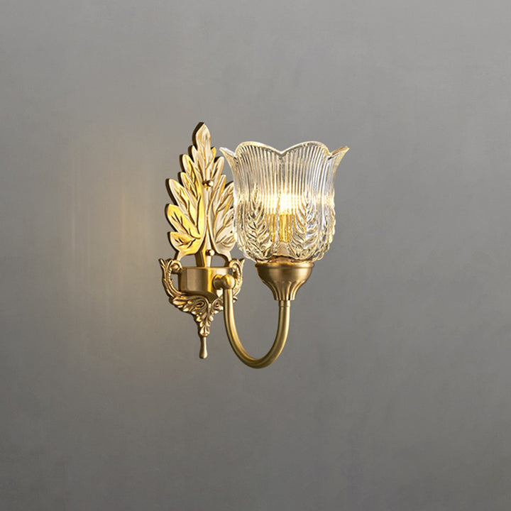 Applique Murale en Laiton avec Verre à Feuilles Florales de Luxe Moderne à 1 Lumière pour Chambre 
