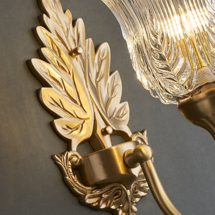 Applique Murale en Laiton avec Verre à Feuilles Florales de Luxe Moderne à 1 Lumière pour Chambre 