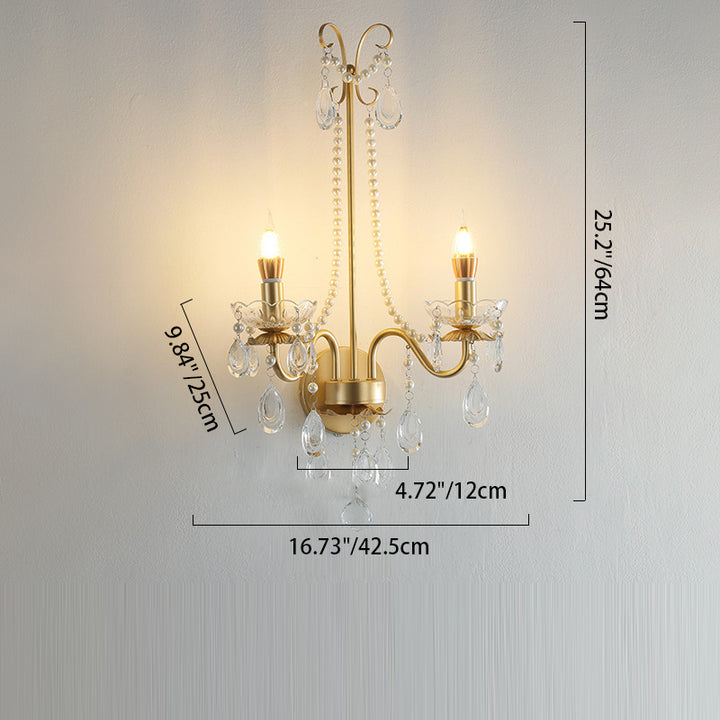 Lámpara de Aplique de Pared de 2 Luces con Cristal, Perla Falsa, Hierro, Vidrio Curvado Redondo y Vela Tradicional Francesa para Sala de Estar 
