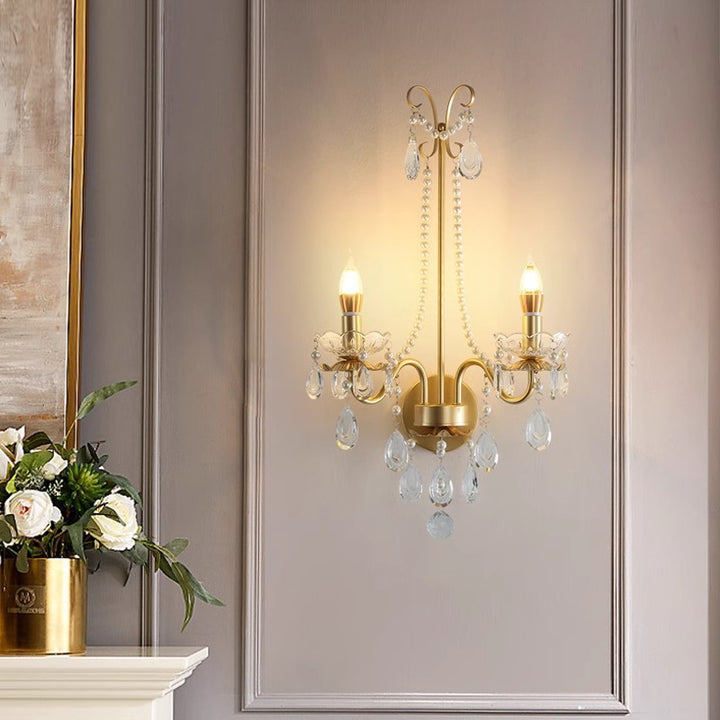 Lámpara de Aplique de Pared de 2 Luces con Cristal, Perla Falsa, Hierro, Vidrio Curvado Redondo y Vela Tradicional Francesa para Sala de Estar 