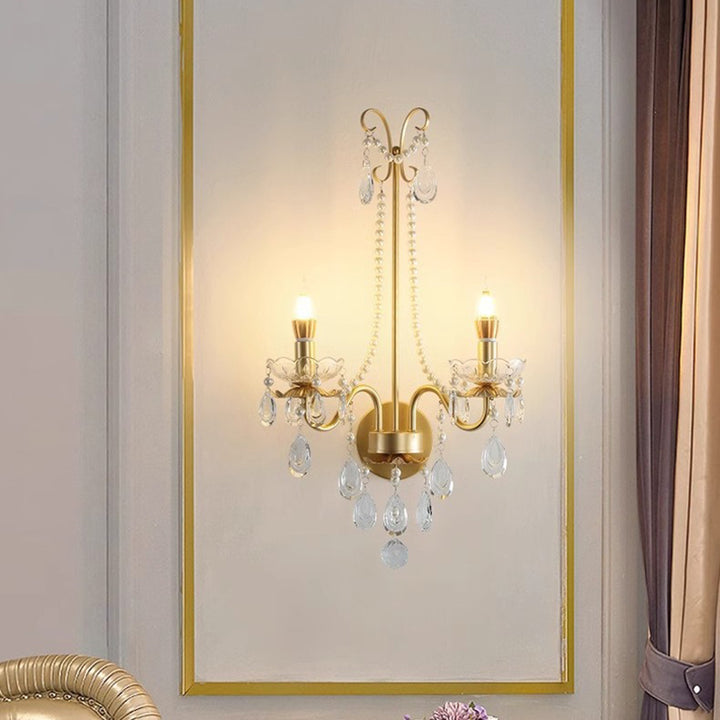 Lámpara de Aplique de Pared de 2 Luces con Cristal, Perla Falsa, Hierro, Vidrio Curvado Redondo y Vela Tradicional Francesa para Sala de Estar 