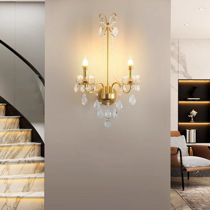 Lámpara de Aplique de Pared de 2 Luces con Cristal, Perla Falsa, Hierro, Vidrio Curvado Redondo y Vela Tradicional Francesa para Sala de Estar 
