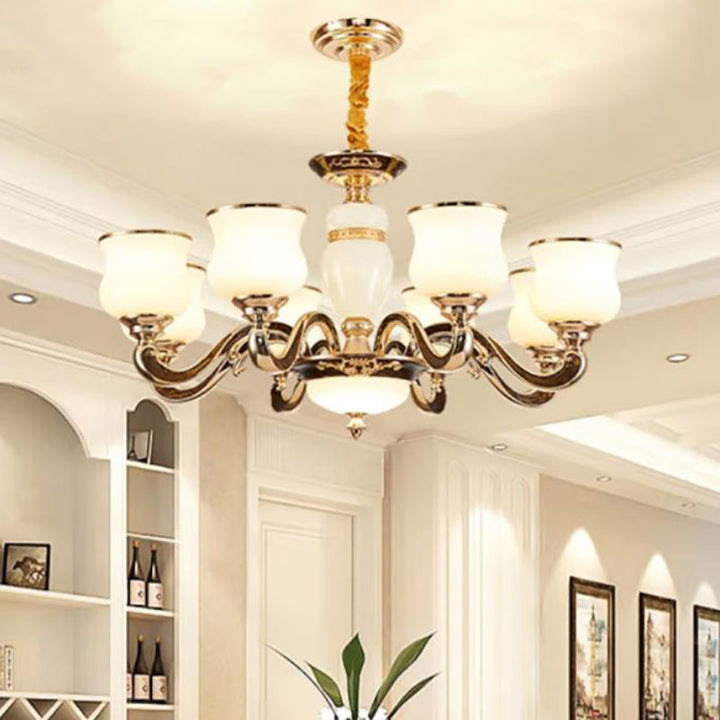 Contemporary Scandinavian Round Curved Cylinder Glass Zinc 6/8/10-Light Chandelier For Living Room