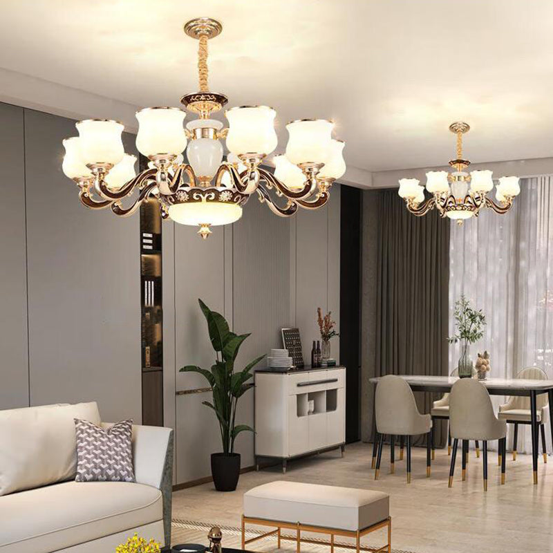 Contemporary Scandinavian Round Curved Cylinder Glass Zinc 6/8/10-Light Chandelier For Living Room