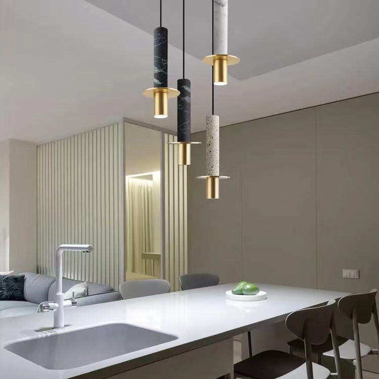 Suspension LED en fer marbre rond cylindre scandinave contemporain pour salon 