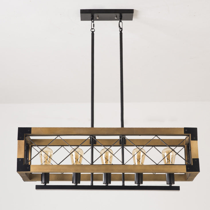 Chandelier Traditionnel Vintage Rectangle Carré Squelette Bois Fer 4/5 Lumières Pour Salon 