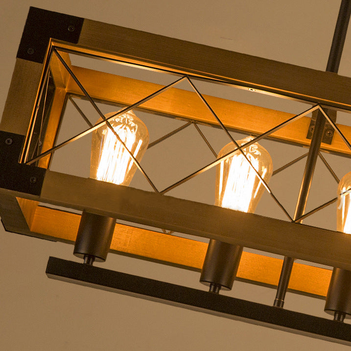 Chandelier Traditionnel Vintage Rectangle Carré Squelette Bois Fer 4/5 Lumières Pour Salon 