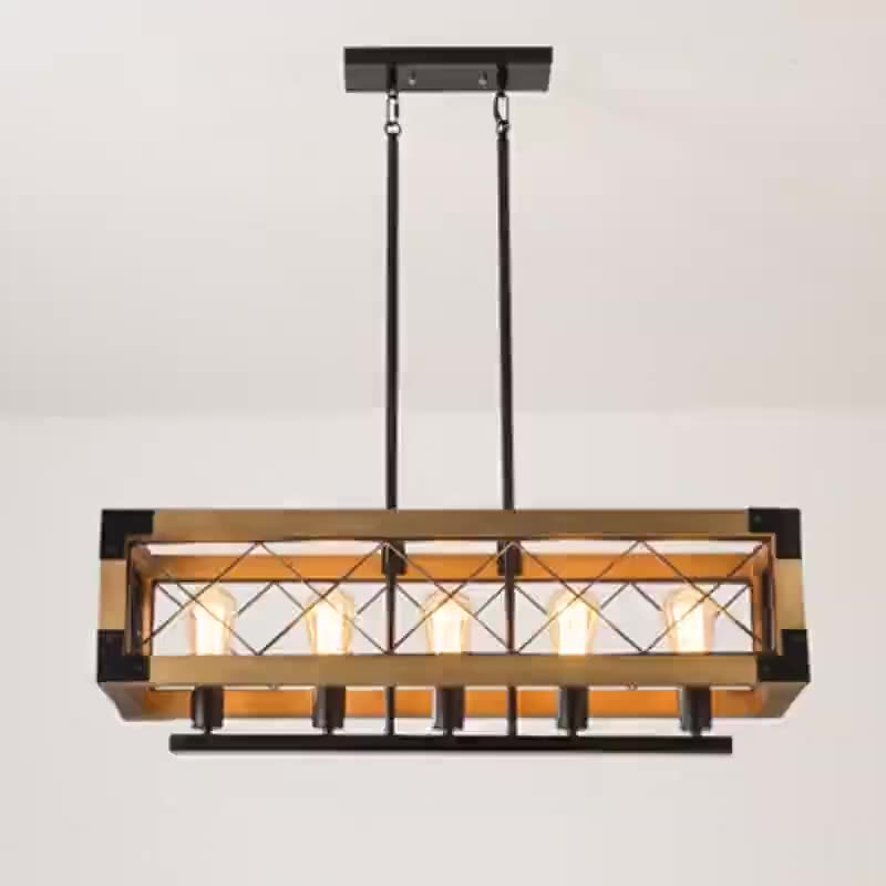 Chandelier Traditionnel Vintage Rectangle Carré Squelette Bois Fer 4/5 Lumières Pour Salon 