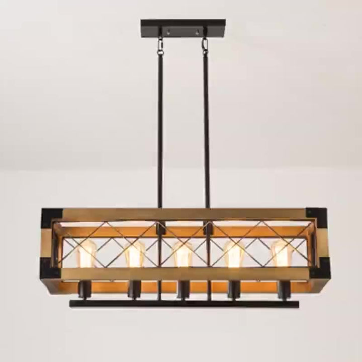 Chandelier Traditionnel Vintage Rectangle Carré Squelette Bois Fer 4/5 Lumières Pour Salon 
