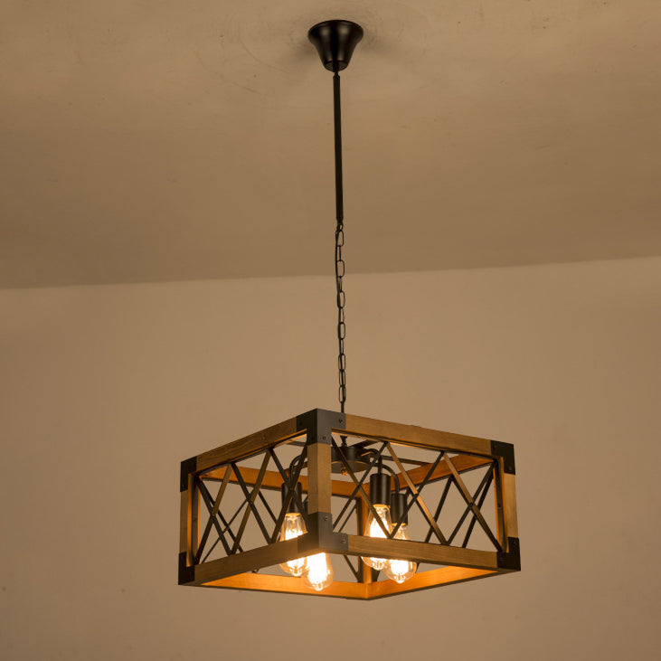 Chandelier Traditionnel Vintage Rectangle Carré Squelette Bois Fer 4/5 Lumières Pour Salon 