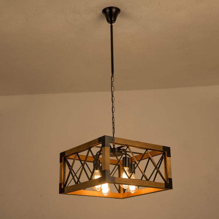 Chandelier Traditionnel Vintage Rectangle Carré Squelette Bois Fer 4/5 Lumières Pour Salon 