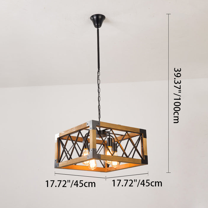 Chandelier Traditionnel Vintage Rectangle Carré Squelette Bois Fer 4/5 Lumières Pour Salon 