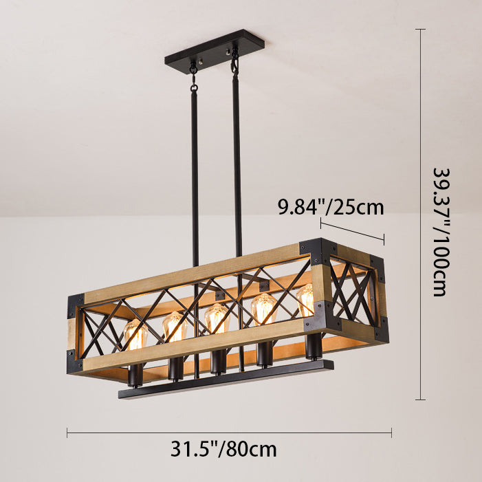 Chandelier Traditionnel Vintage Rectangle Carré Squelette Bois Fer 4/5 Lumières Pour Salon 