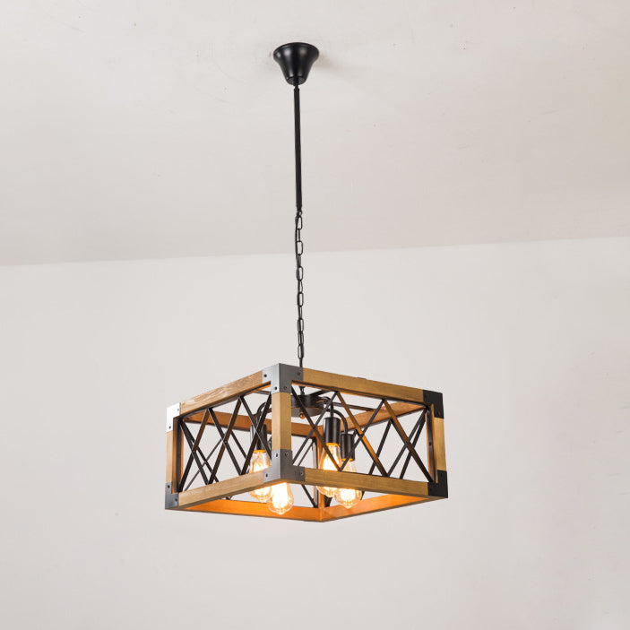 Chandelier Traditionnel Vintage Rectangle Carré Squelette Bois Fer 4/5 Lumières Pour Salon 