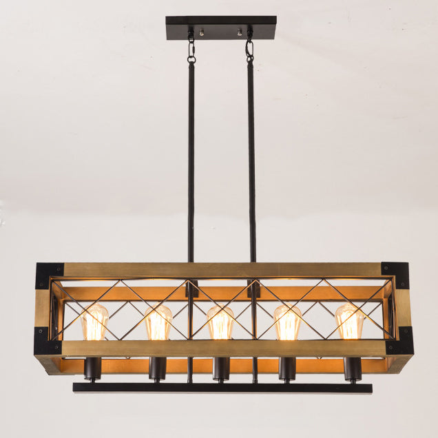 Chandelier Traditionnel Vintage Rectangle Carré Squelette Bois Fer 4/5 Lumières Pour Salon 