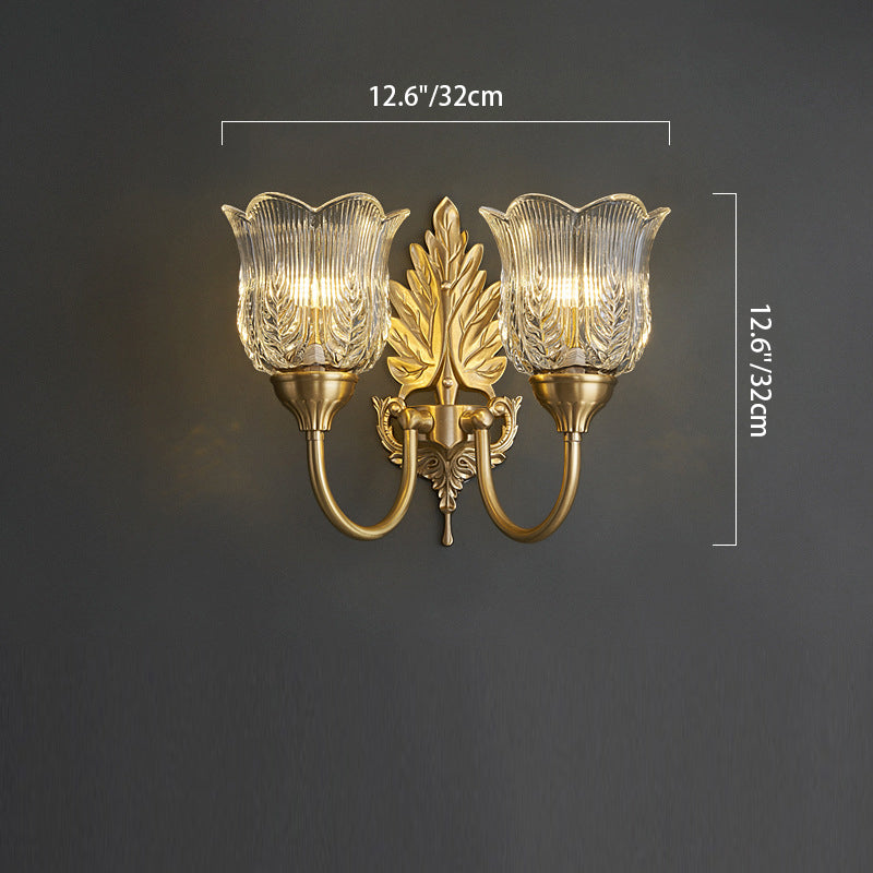 Applique Murale à 2 Lumières en Laiton avec Feuille Traditionnelle Française et Verre pour Salon 