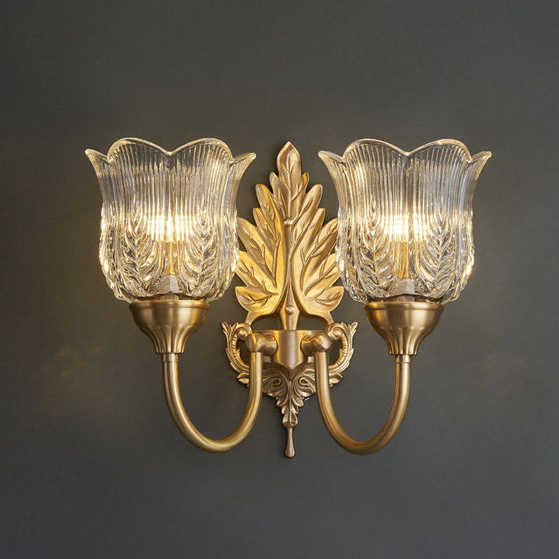 Applique Murale à 2 Lumières en Laiton avec Feuille Traditionnelle Française et Verre pour Salon 