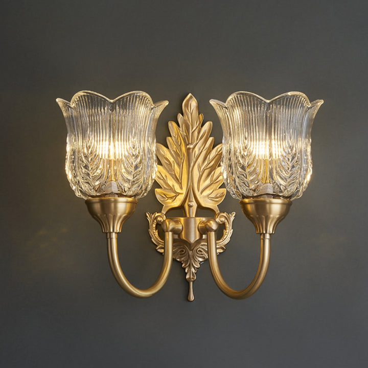 Applique Murale à 2 Lumières en Laiton avec Feuille Traditionnelle Française et Verre pour Salon 