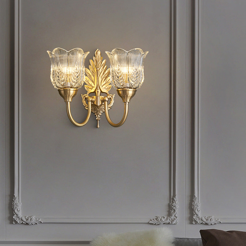 Applique Murale à 2 Lumières en Laiton avec Feuille Traditionnelle Française et Verre pour Salon 