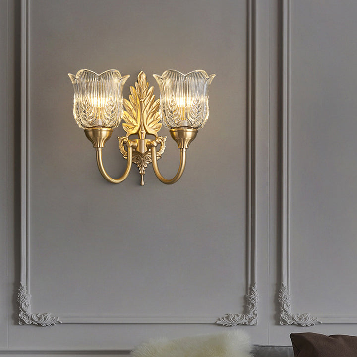 Applique Murale à 2 Lumières en Laiton avec Feuille Traditionnelle Française et Verre pour Salon 
