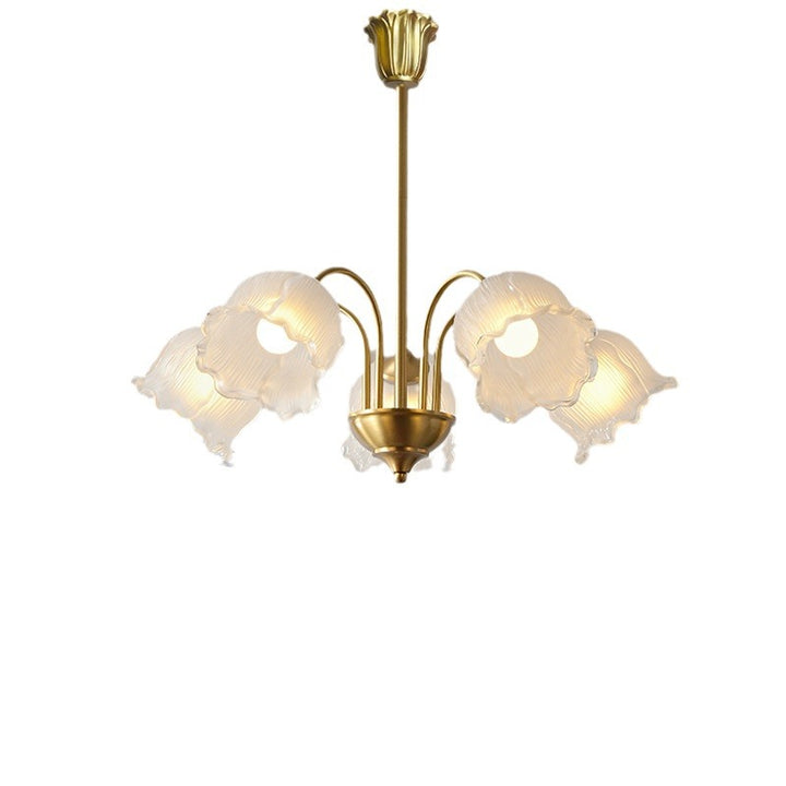 Lustre traditionnel en laiton avec abat-jour en verre rond et motif d&