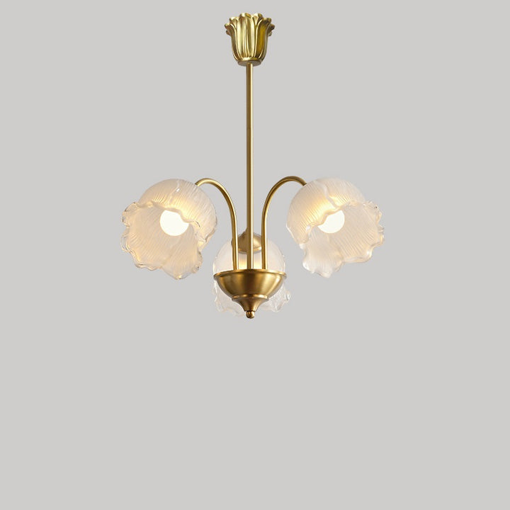 Lustre traditionnel en laiton avec abat-jour en verre rond et motif d&