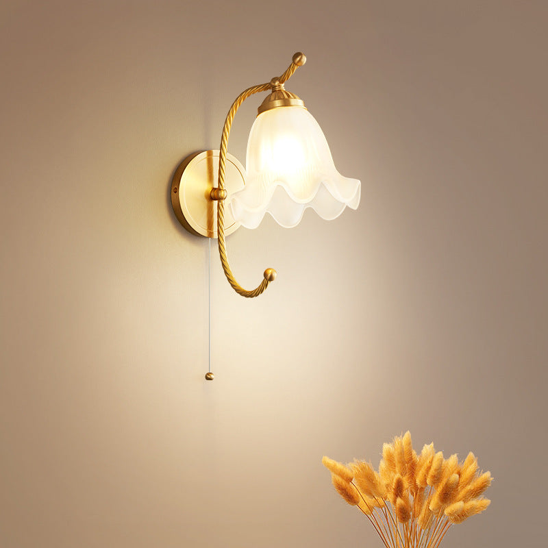 Applique murale en cuivre à 1 lumière avec marbre en verre floral long et rond chinois traditionnel pour salon 