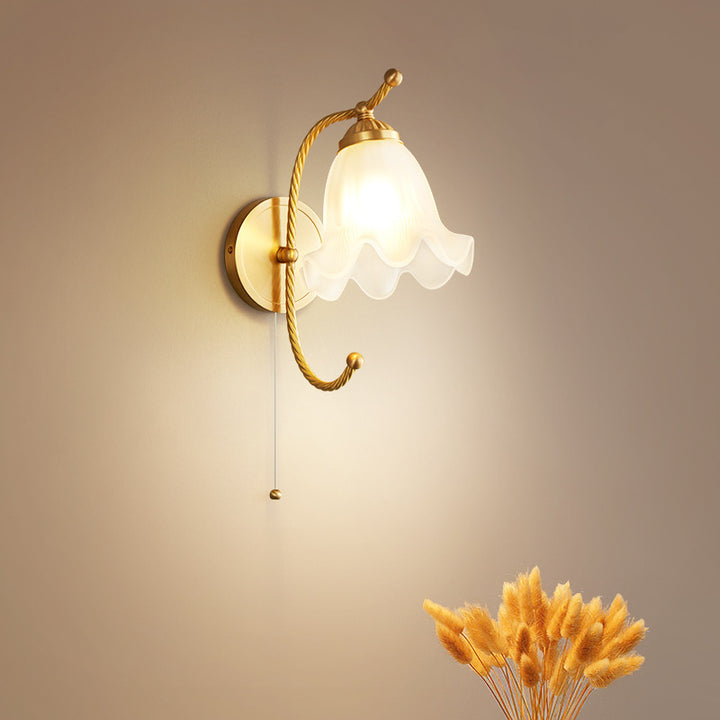 Applique murale en cuivre à 1 lumière avec marbre en verre floral long et rond chinois traditionnel pour salon 
