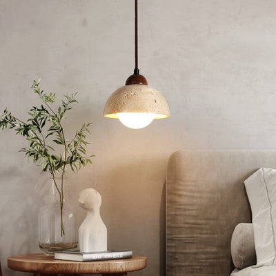 Traditional Japanese Disc Round Cylinder Yellow Travertine Solid Wood 1-Light Pendant Light For Living Room
