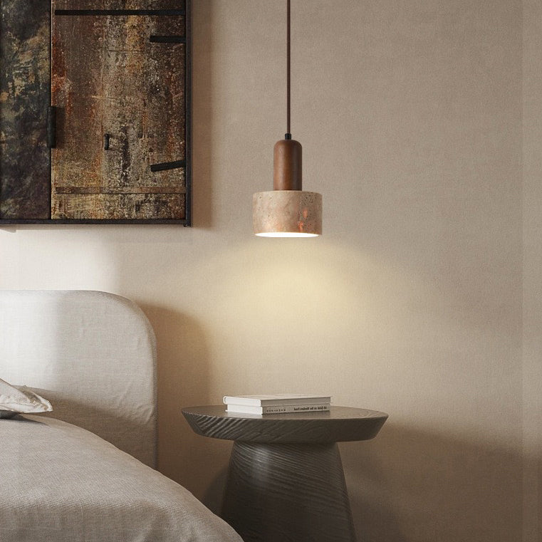 Traditional Japanese Disc Round Cylinder Yellow Travertine Solid Wood 1-Light Pendant Light For Living Room