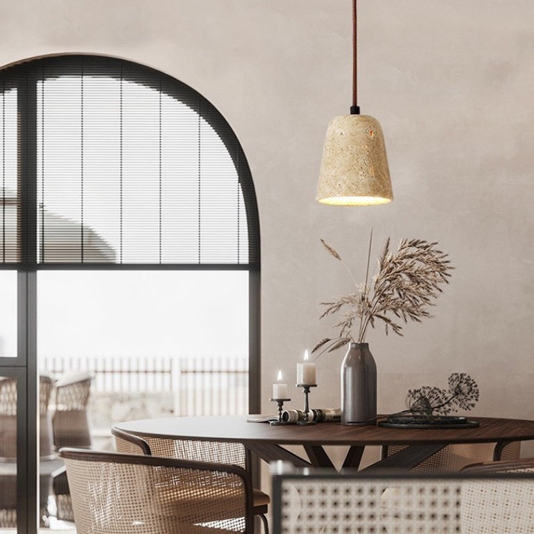 Traditional Japanese Disc Round Cylinder Yellow Travertine Solid Wood 1-Light Pendant Light For Living Room