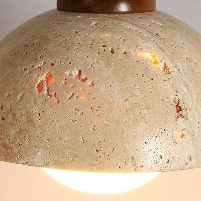 Traditional Japanese Disc Round Cylinder Yellow Travertine Solid Wood 1-Light Pendant Light For Living Room