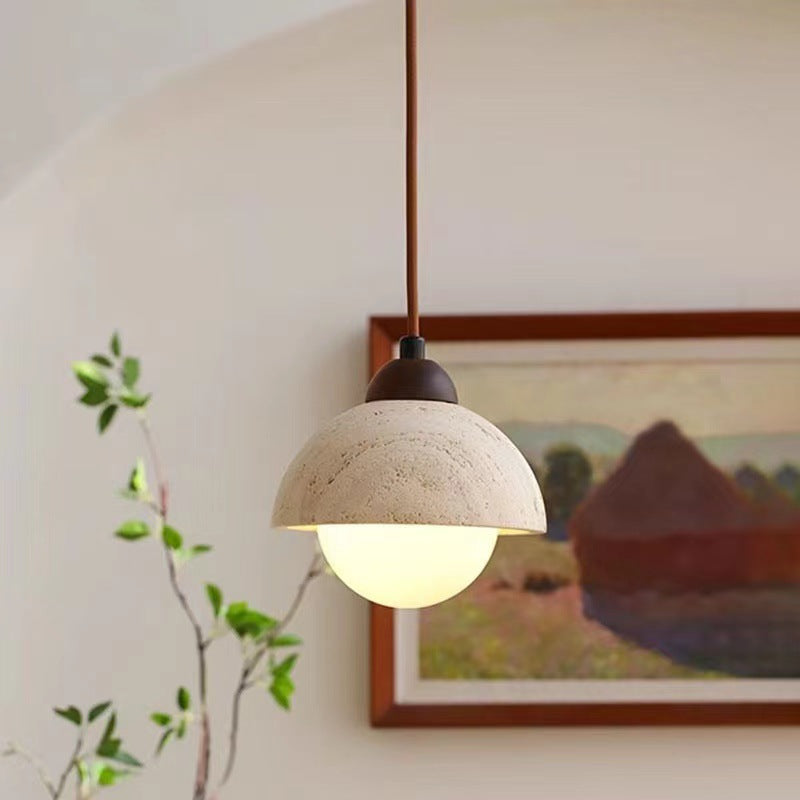 Traditional Japanese Disc Round Cylinder Yellow Travertine Solid Wood 1-Light Pendant Light For Living Room