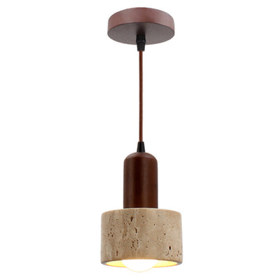 Traditional Japanese Disc Round Cylinder Yellow Travertine Solid Wood 1-Light Pendant Light For Living Room